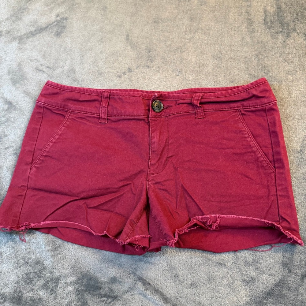 American Eagle Midi Cut Off Shorts Womens Size 4 Maroon Stretch Raw Hem